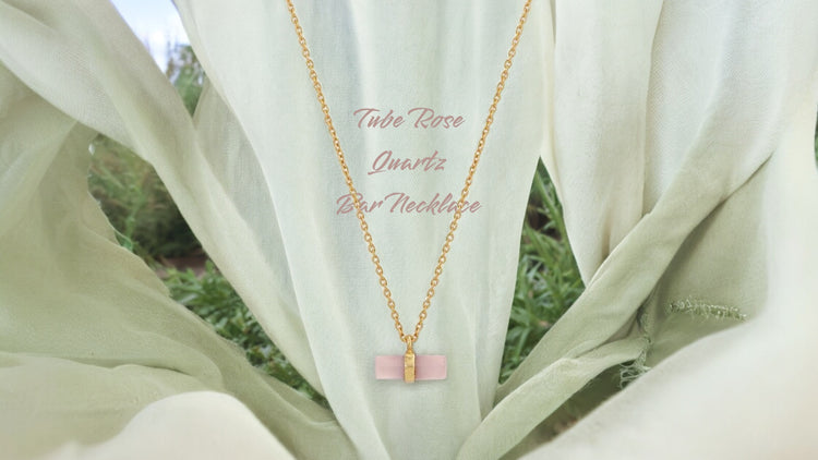 Bar Necklace Collection - Rectangle Tube Rose Quartz Gold Necklace - Sparks and Gem