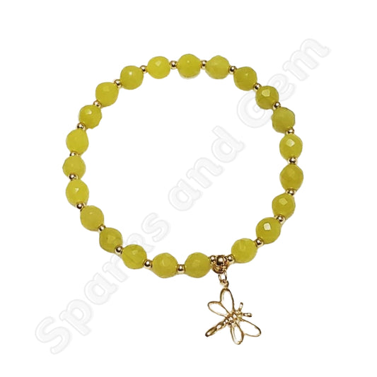 14K Gold-filled Dragonfly Charm with Faceted Jade Semi Precious Gemstone Mood Bracelet- Natural_Genuine Lucky Stone Sparks and Gem