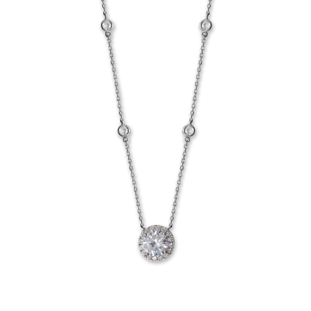 8mm Halo Cubic Zirconia and Bezel Cubic Zirconia on a Sterling Silver Adjustable Necklace