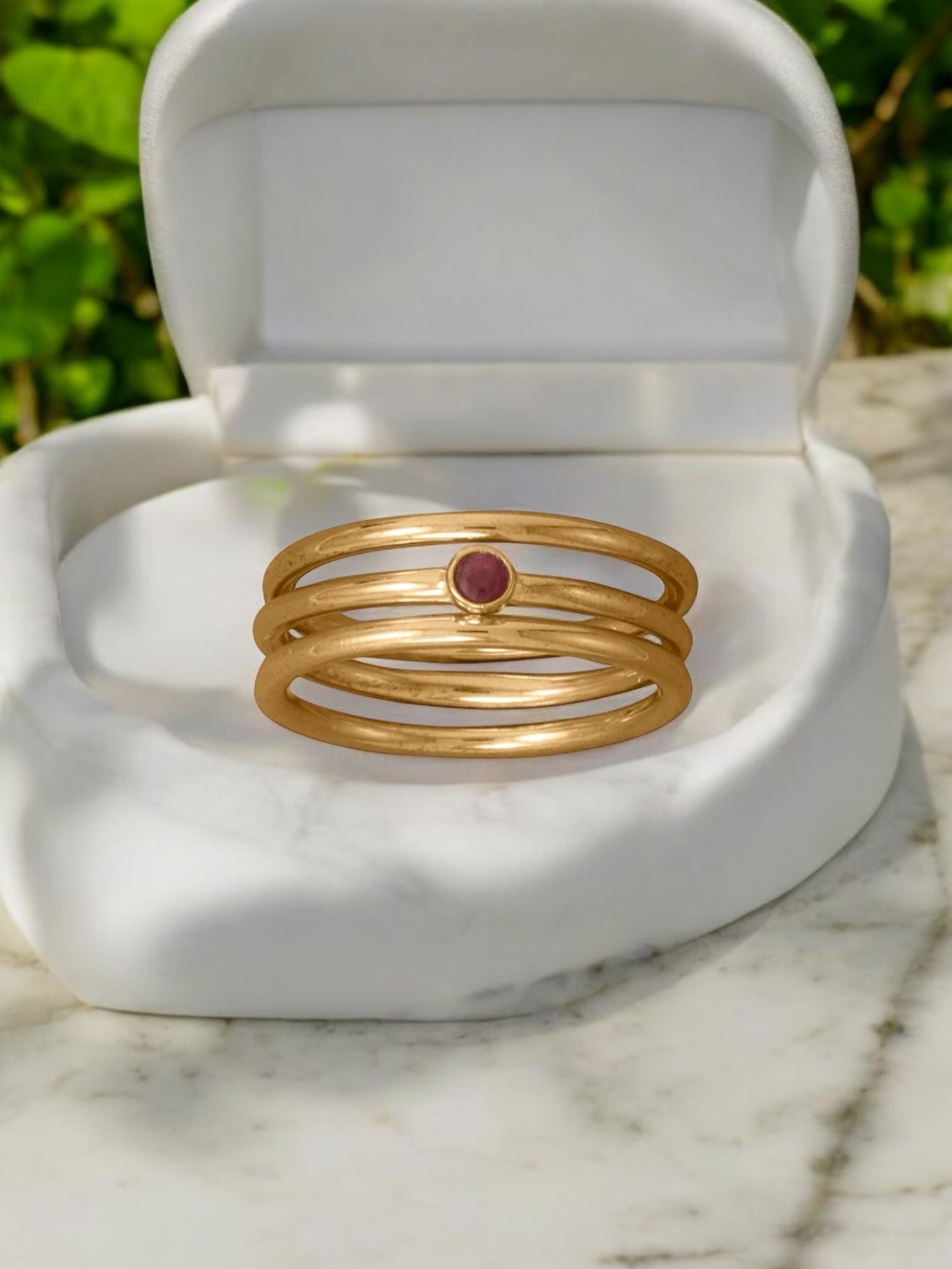 Stackable Yellow Gold Ring Set (3 piece) with Synthetic Ruby - Sparks and Gem