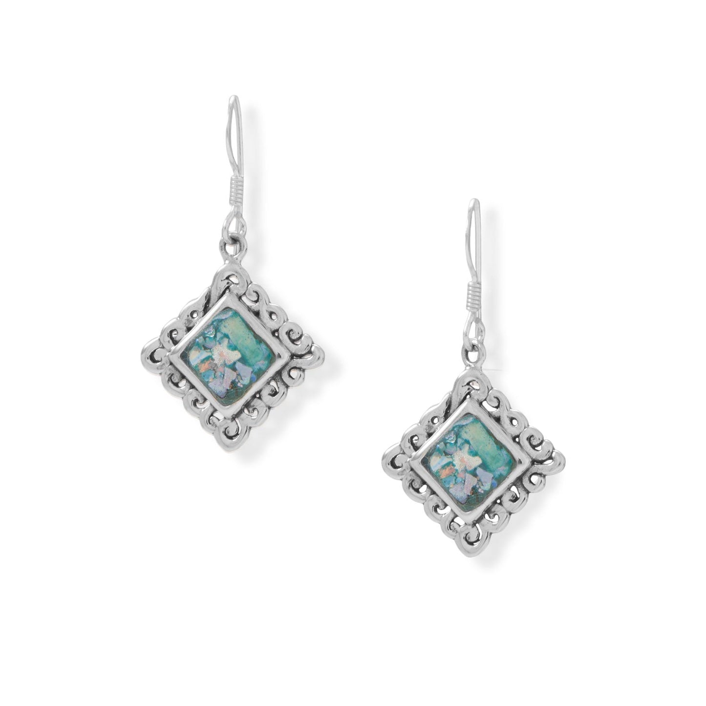 Gorgeous Square Roman Glass Swirl Edge Silver Earrings - Sparks and Gem