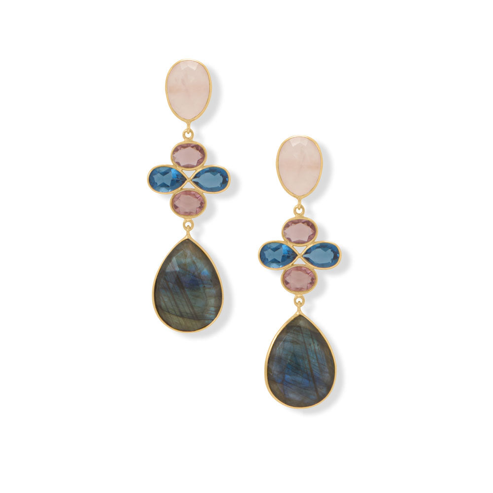 Labradorite, Rose Quartz and Glass Gold Drop Earrings - Sparks and Gem