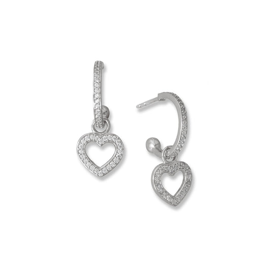 Cubic Zirconia Heart Charm Hoop Silver Earrings - Sparks and Gem