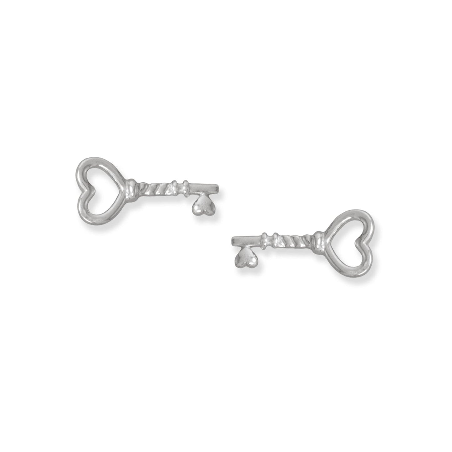 Rhodium Plated Heart Key Stud Earrings