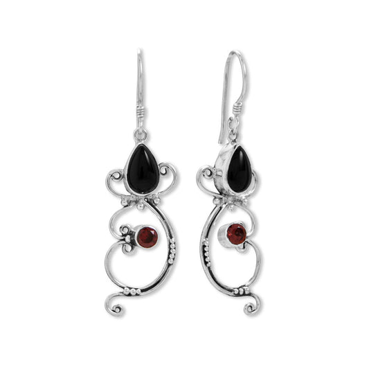 Black Onyx and Garnet Bali Earrings