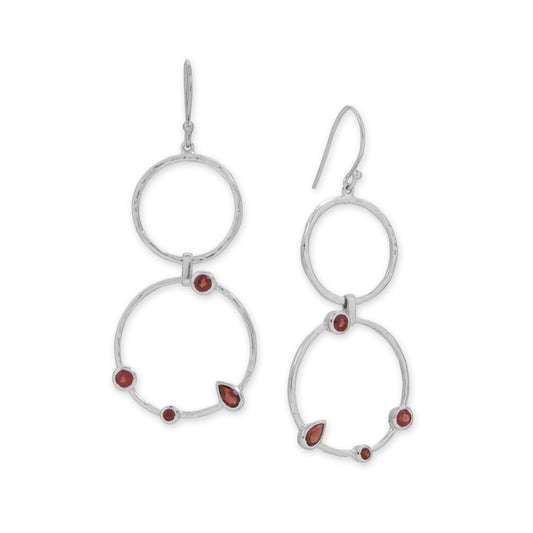 Rhodium Plated Garnet and Hammered Circle Drop Earrings