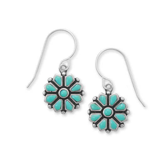 Reconstituted Turquoise Flower and Sterling Silver French Wire Earrings - Sparks and Gem