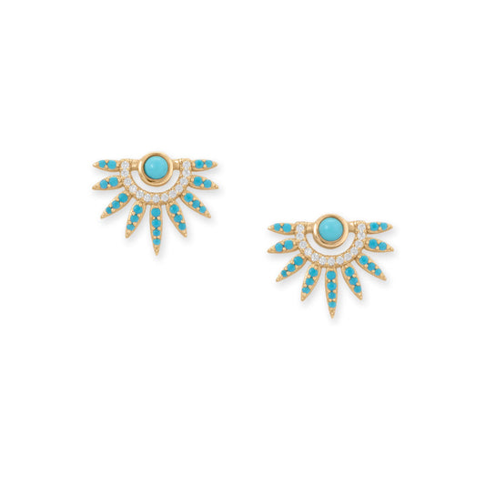 Synthetic Turquoise and Cubic Zirconia Spike on 14 Karat Yellow Gold over Sterling Silver Post Earrings - Sparks and Gem