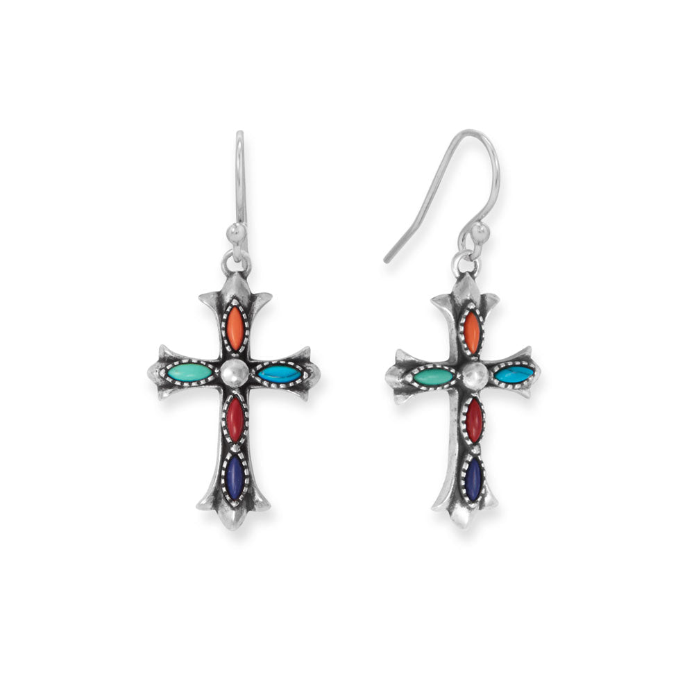 Oxidized Marquise Multicolor Stone Cross Earrings