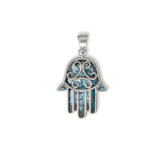 Oxidized Roman Glass Hamsa Pendant-Sparks and Gem