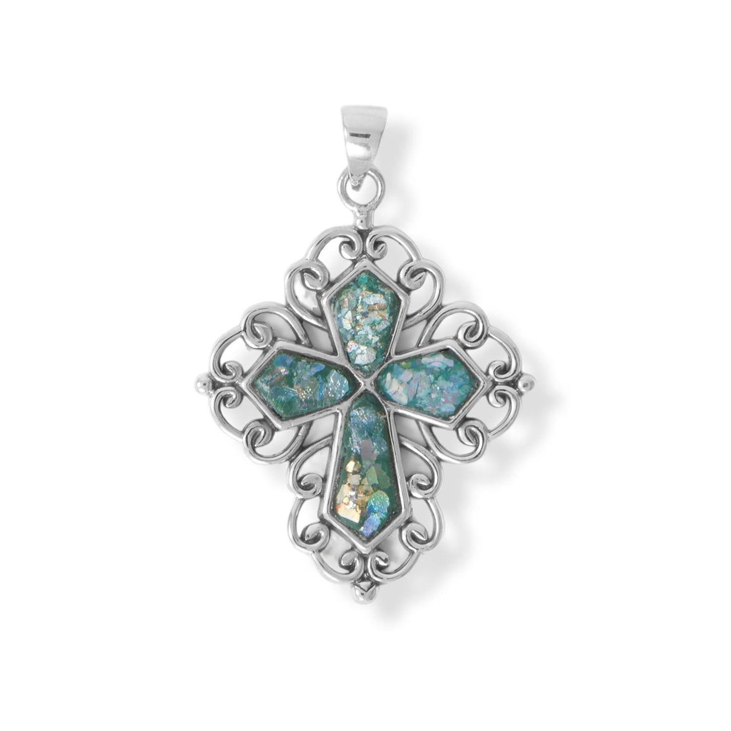 Roman Glass Swirl Edge Silver Cross Pendant - Sparks and Gem