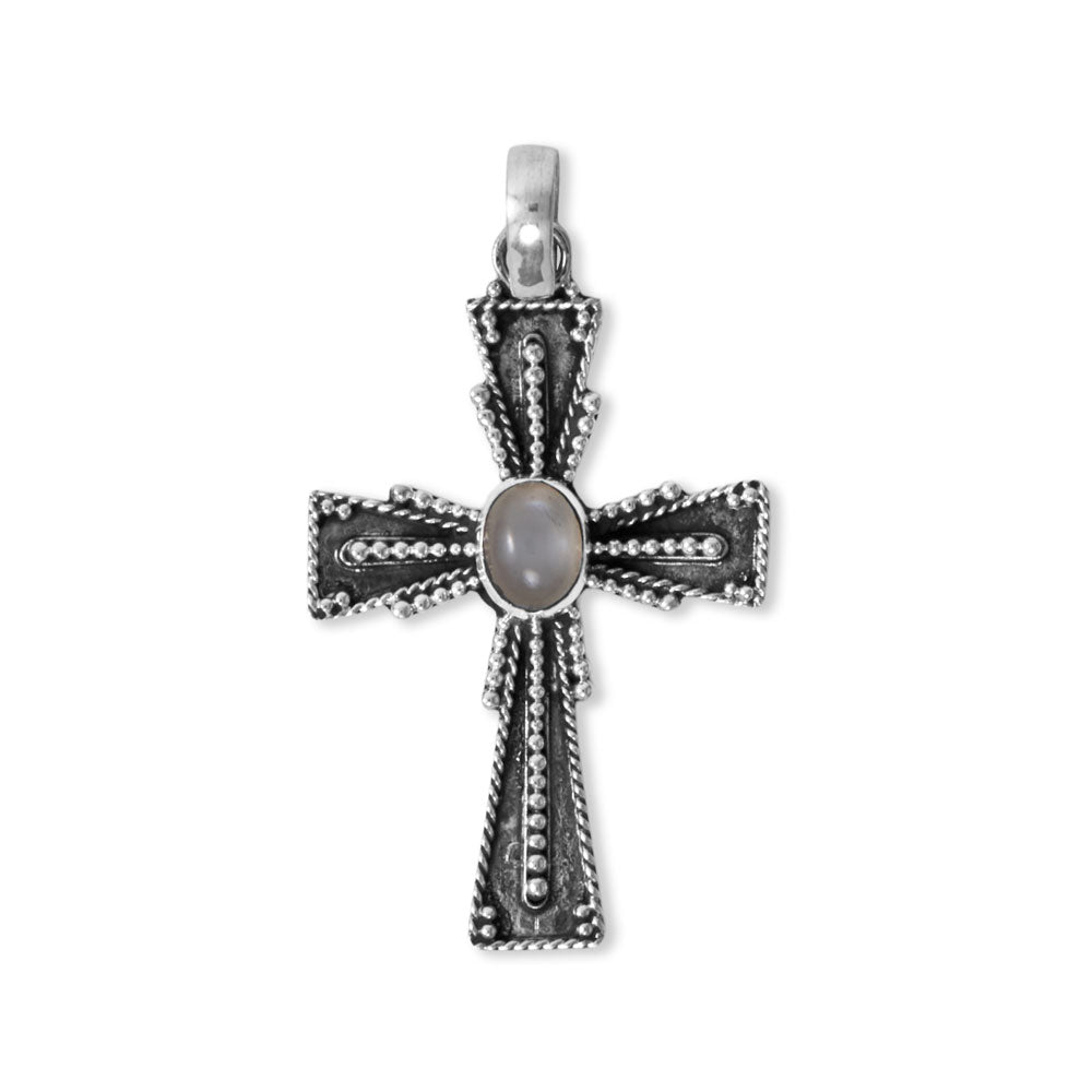 Moonstone and Dot Detail Bali Cross Pendant