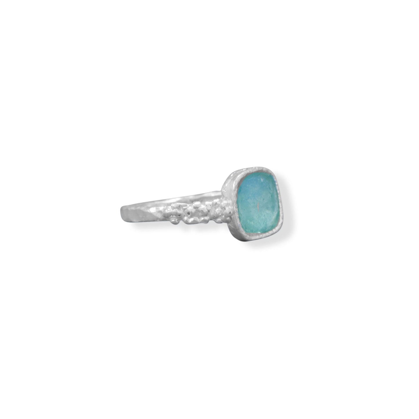 Square Aqua Roman Glass with Pebble Sterling Silver Ring Band - Sparks and Gem