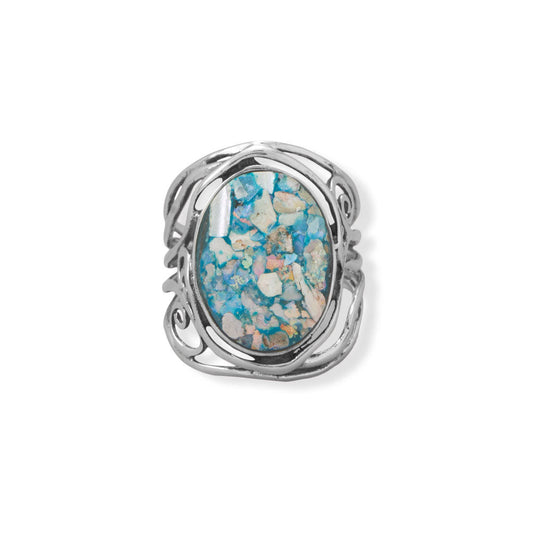 Oxidized Roman Glass Cutout Swirl Design Sterling Silver Ring - Sparks and Gem