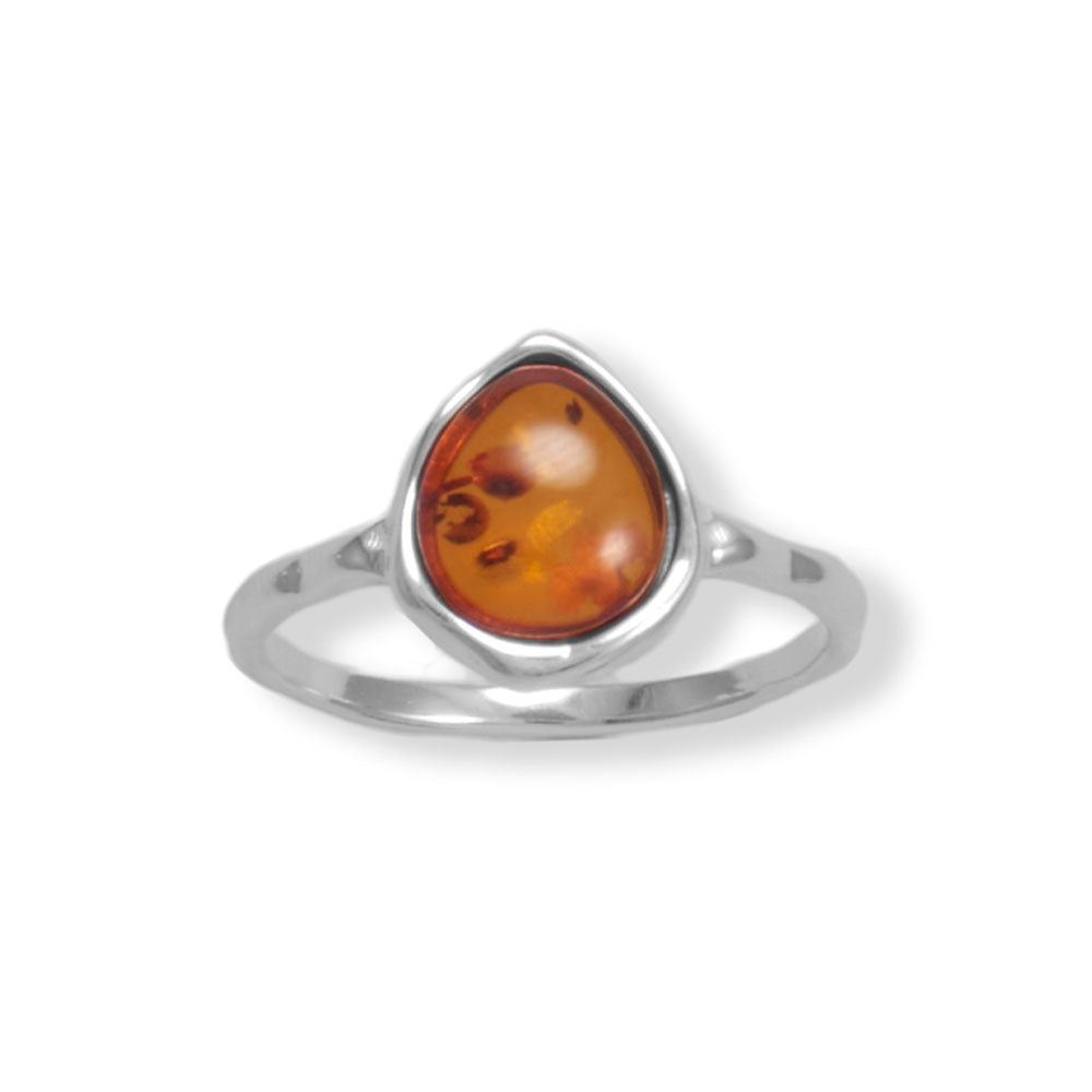 Pear Baltic Amber and Hammered Sterling Silver Ring - Sparks and Gem