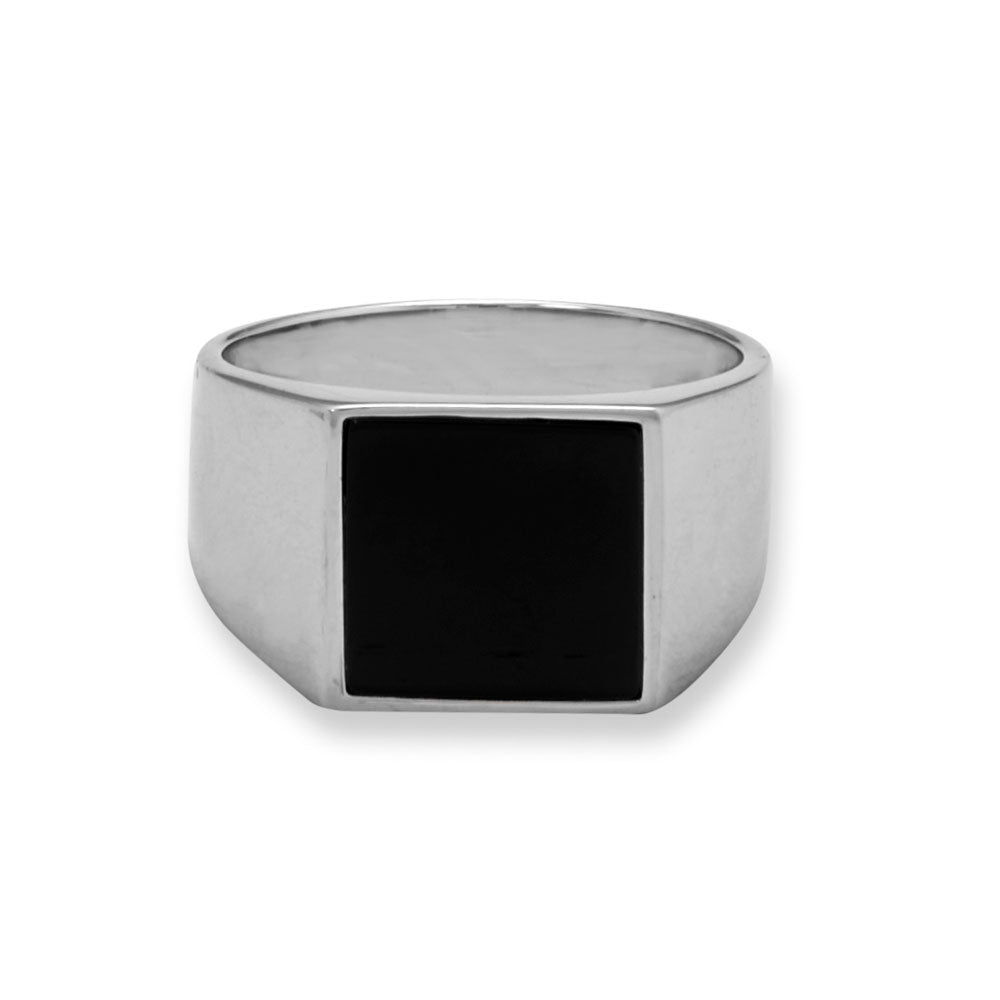 Rhodium Plated Black Onyx Square Signet Sterling Silver Ring - More rings, bracelets, necklaces, earrings, anklets, charms, chains and toe rings in a variety of shapes, sizes and styles like geometric, cocktail, statement, bands, spinner, spoon, layered, long, collar, choker, climber, cuff, bangle, stretch, single, double, triple a or multi strands, beaded, curb, wheat, rope, Figaro, cable chains and more at Sparks and Gem