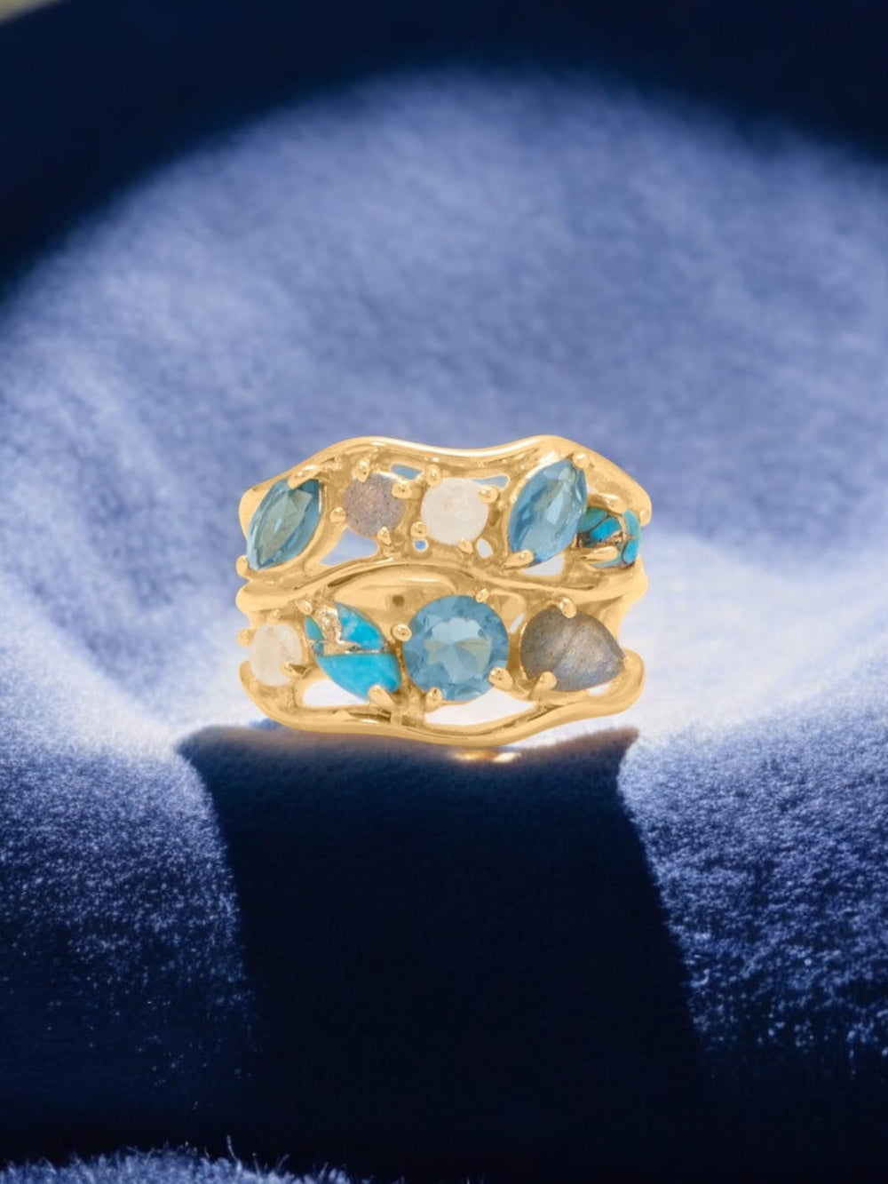 Blue Multi Stone Cluster Yellow Gold Ring - Sparks and Gem