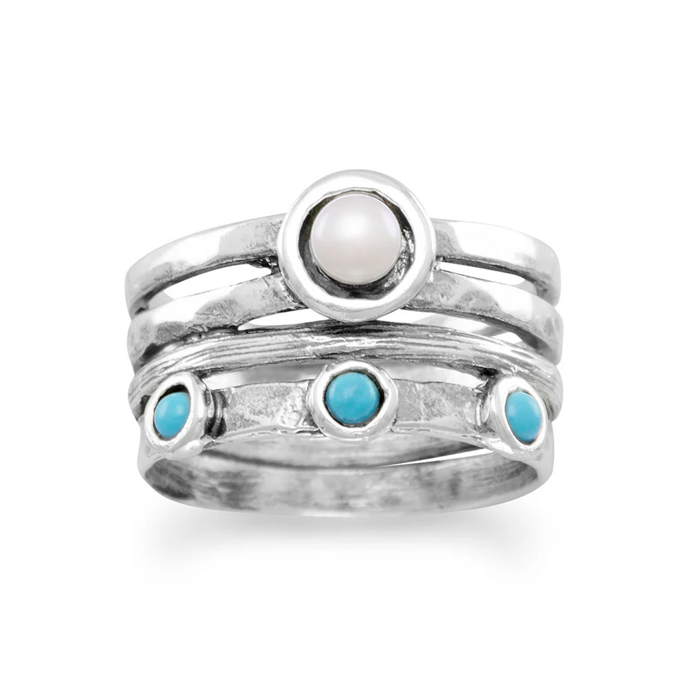 Oxidized Reconstituted Turquoise and Cultured Freshwater Pearl Sterling Silver Ring - Sparks and Gem