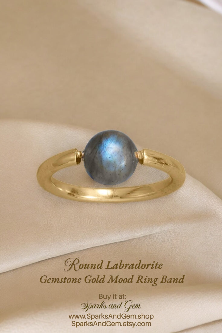 Round Labradorite Gemstone Yellow Gold Mood Ring Band - Sparks and Gem