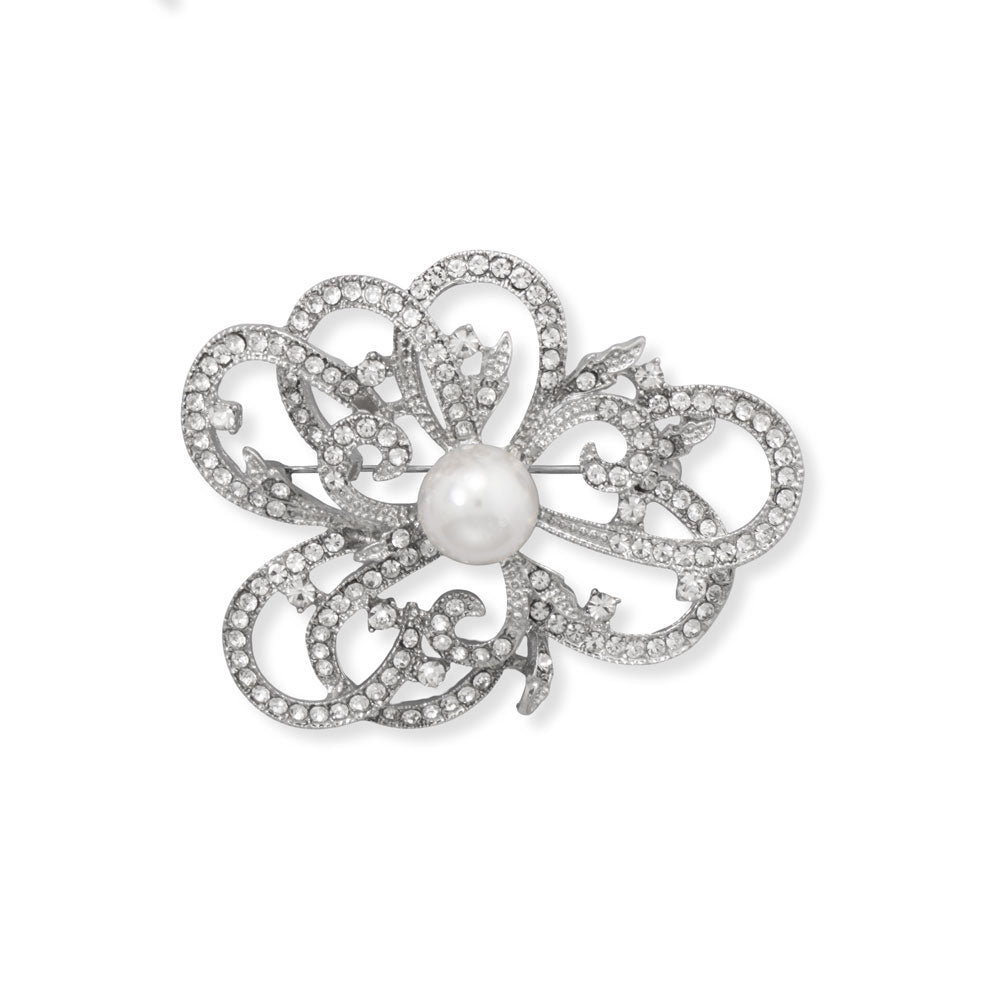 Simulated Pearl and Crystal Flower Pin